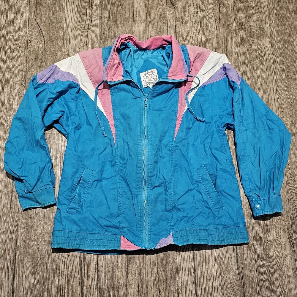 Woman’s Zip Up Windbreaker Retro Jacket BE IN THE CURRENT SEEN Size M Blue Pink
